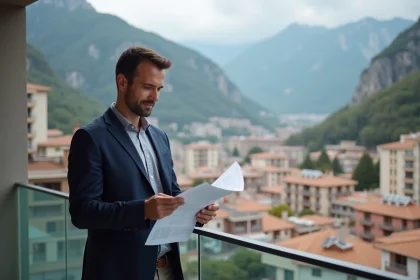 Investisseur immobilier consultant des documents sur un balcon d'appartement à Andorre avec vue sur les montagnes des Pyrénées