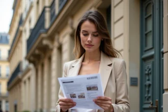 Femme examinant une annonce immobilière devant un immeuble haussmannien à Paris en zone tendue