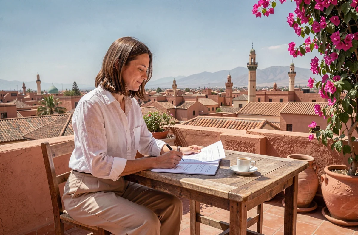 Femme européenne consultant des documents d'achat immobilier sur une terrasse à Marrakech avec vue panoramique sur la médina et les toits en terre cuite