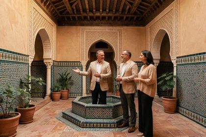 Agent immobilier présentant un riad traditionnel à Marrakech à des acheteurs potentiels dans un patio orné de zellige et de fontaine en mosaïque