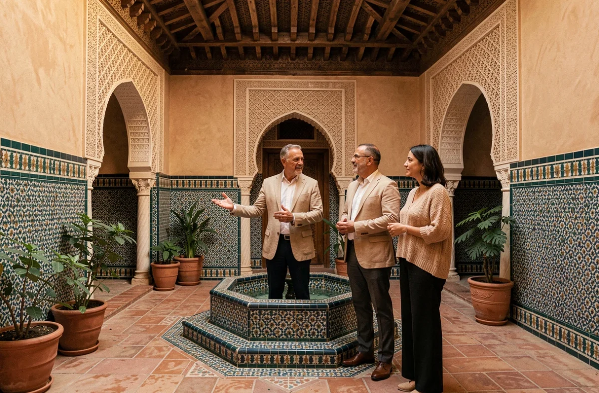 Agent immobilier présentant un riad traditionnel à Marrakech à des acheteurs potentiels dans un patio orné de zellige et de fontaine en mosaïque