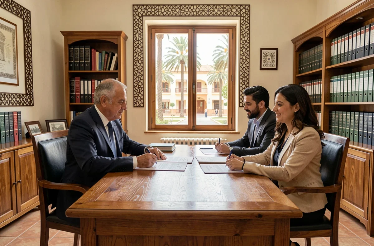 Notaire marocain et couple d'acheteurs signant un contrat d'achat immobilier dans un bureau professionnel du quartier Guéliz à Marrakech
