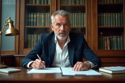 Un homme d'affaires examine des documents de viager dans un bureau de notaire parisien, illustrant les précautions à prendre avant un achat en viager libre en Île-de-France