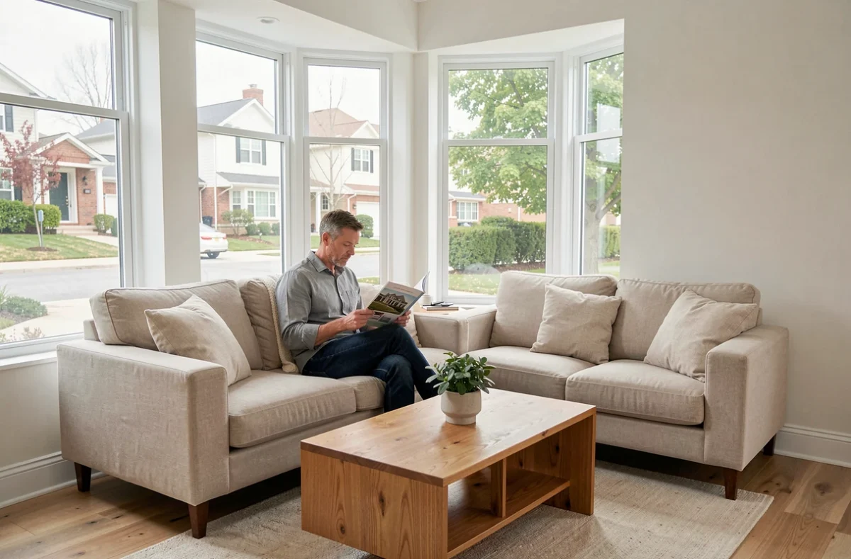 Acheteur potentiel lisant une brochure immobilière dans un salon moderne bien aménagé pour une visite