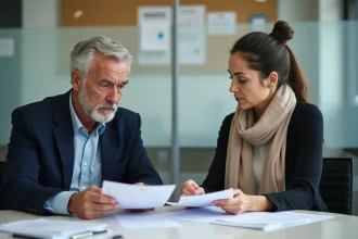 Adultes examinant des documents de logement dans un bureau municipal