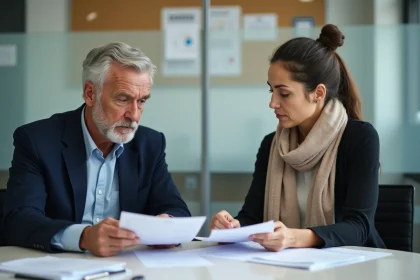 Adultes examinant des documents de logement dans un bureau municipal