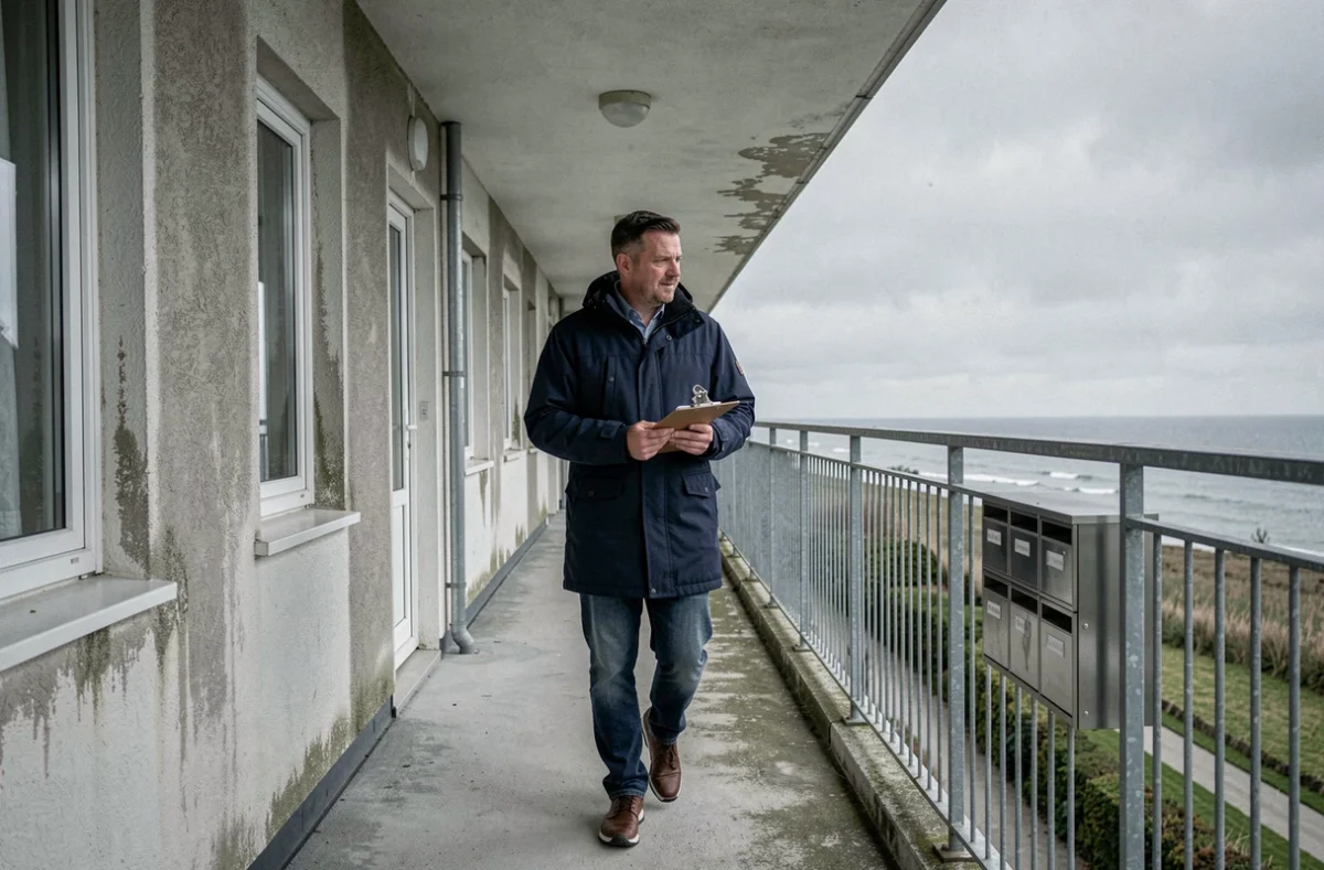 Gestionnaire de l'Agence Bretagne Sud inspectant les parties communes d'une copropriété en Bretagne Sud