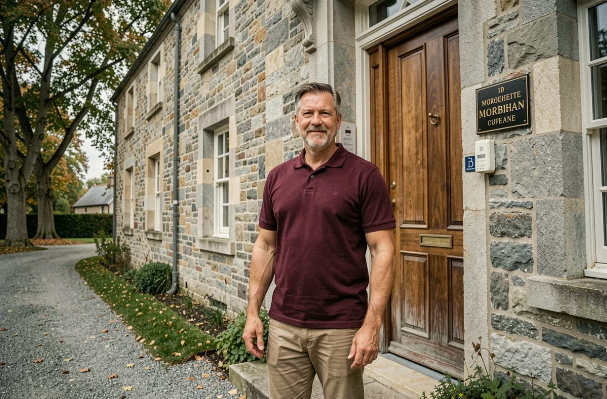 Agent de l'Agence Cardinale devant une copropriété en pierre dans le Morbihan