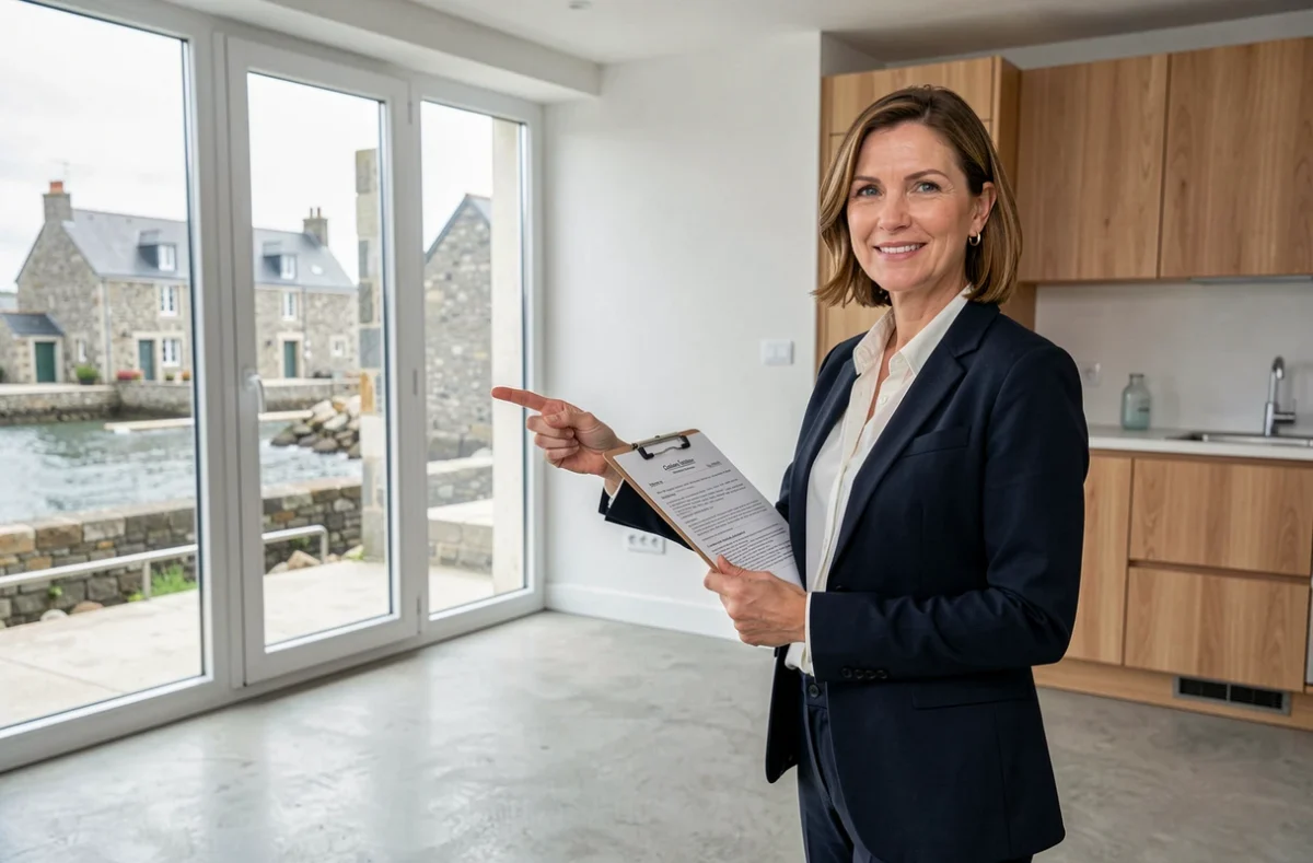 Agente immobilière présentant un appartement à louer à Concarneau avec vue sur la ville bretonne