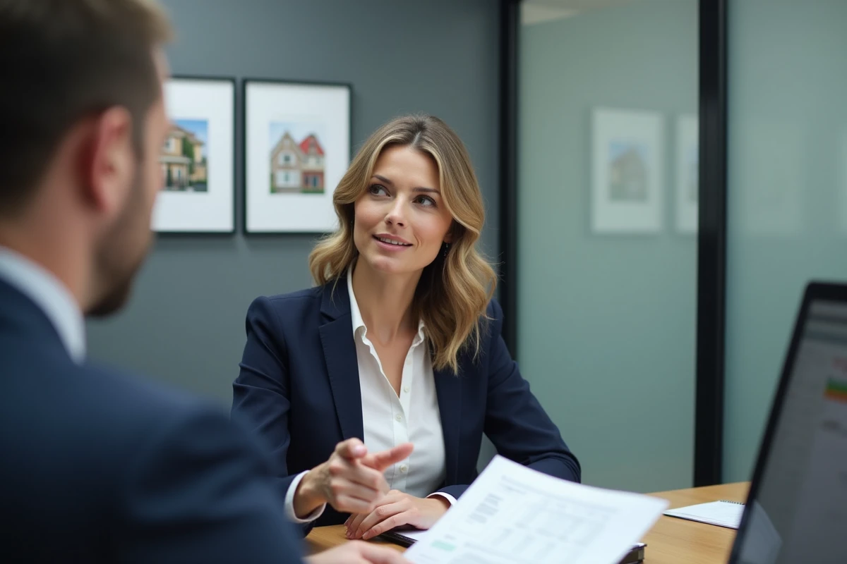 Agente immobilière expliquant un document de loyer à un propriétaire dans une agence immobilière moderne