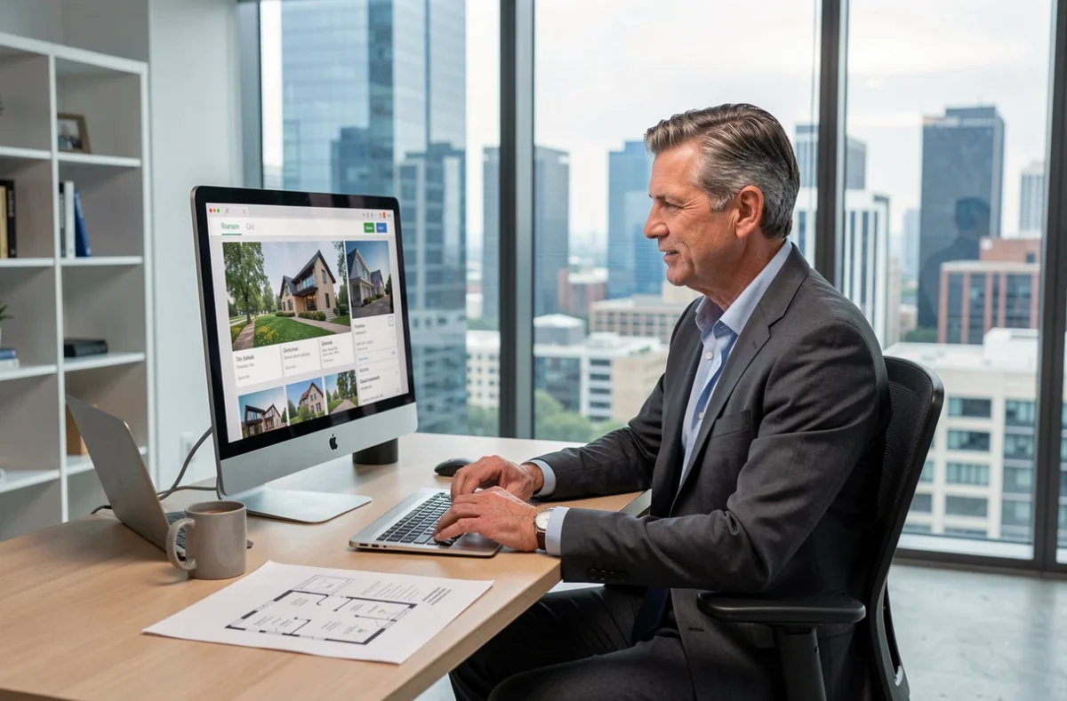 Agent immobilier professionnel analysant des annonces de vente de maison sur un écran dans un bureau moderne