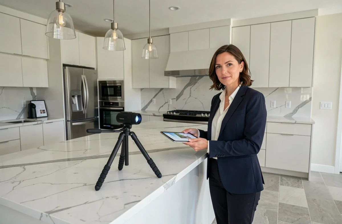 Agent immobilier configurant une caméra 360 pour une visite virtuelle professionnelle de cuisine moderne