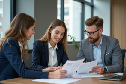Agent immobilier avec couple dans un bureau moderne