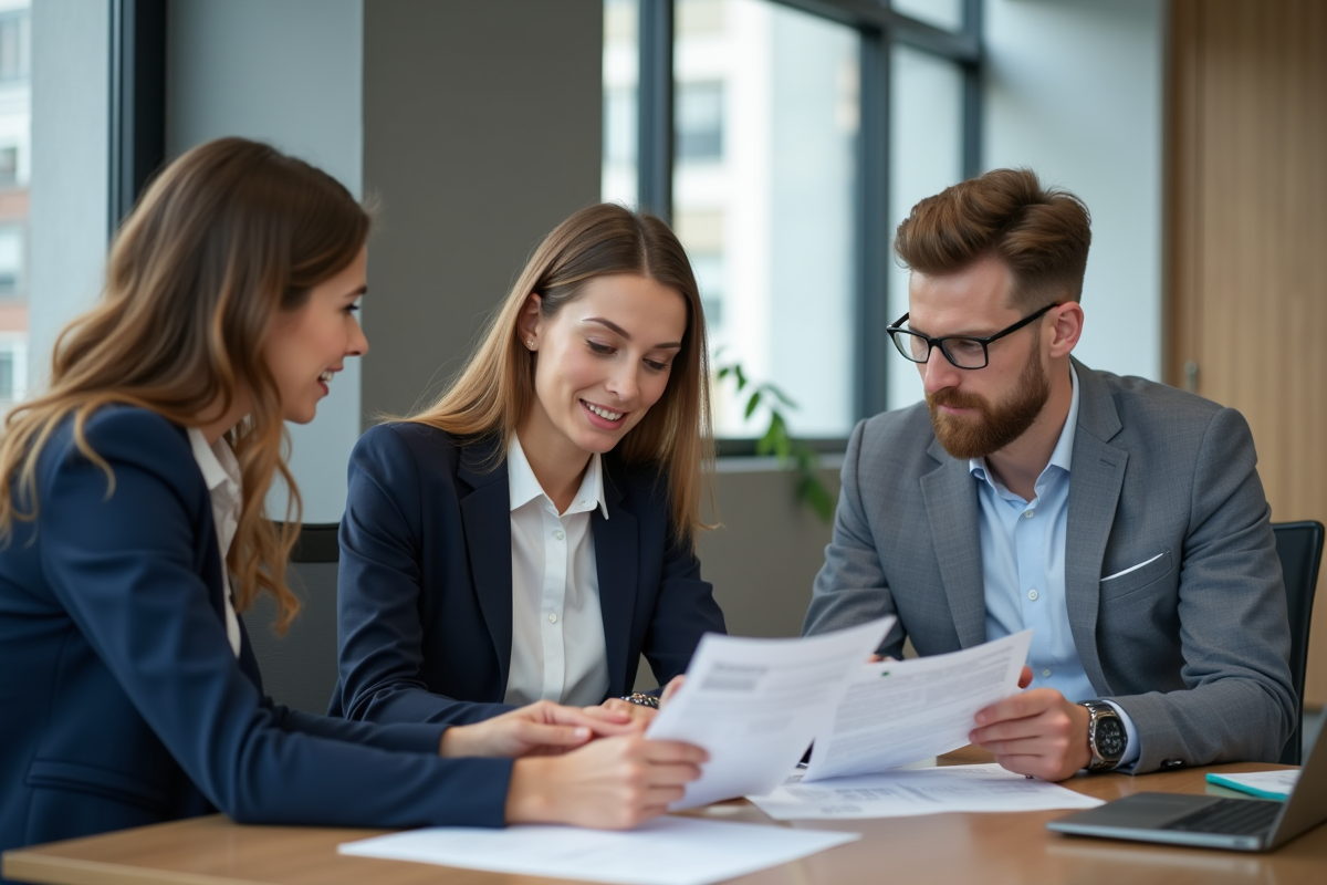 Agent immobilier avec couple dans un bureau moderne