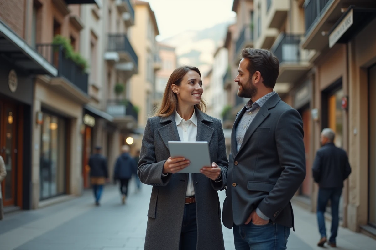 Agent immobilier présentant une opportunité d'investissement locatif à des acheteurs dans une rue commerçante d'Andorre-la-Vieille