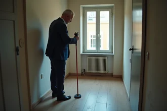 Agent immobilier mesurant la surface d'un petit studio avec un télémètre laser pour vérifier la conformité légale de location