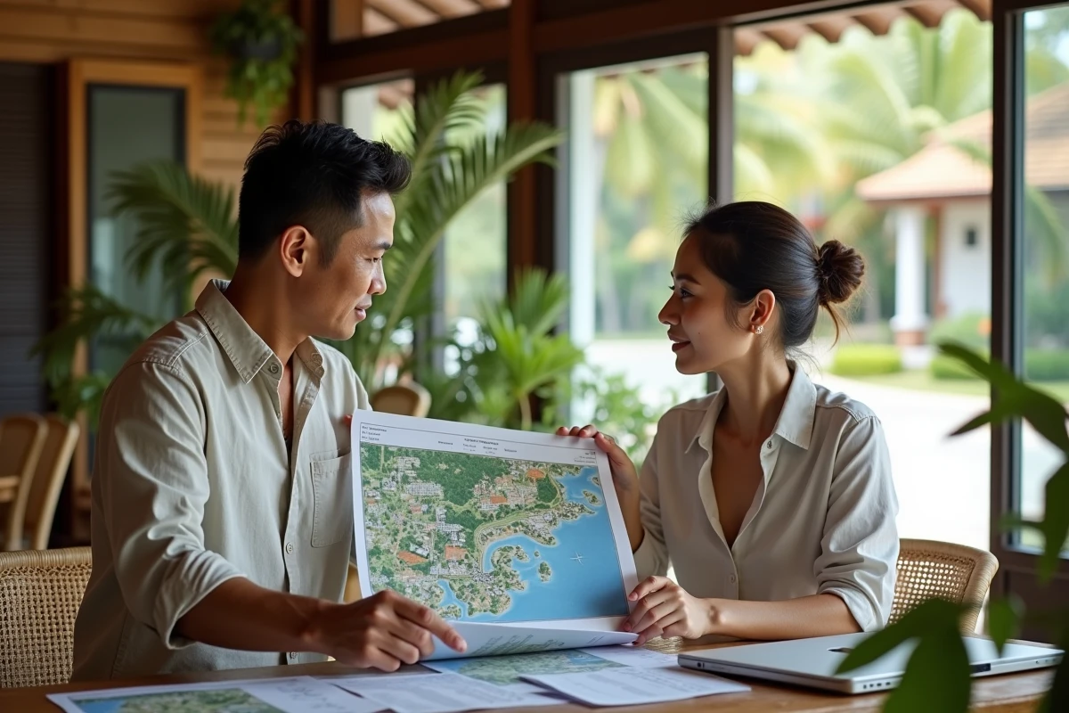 Agent immobilier thaïlandais présentant une carte des quartiers de Koh Samui à une cliente européenne dans une agence tropicale