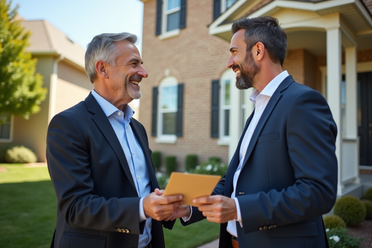 Agent immobilier remettant une enveloppe à un homme devant une maison