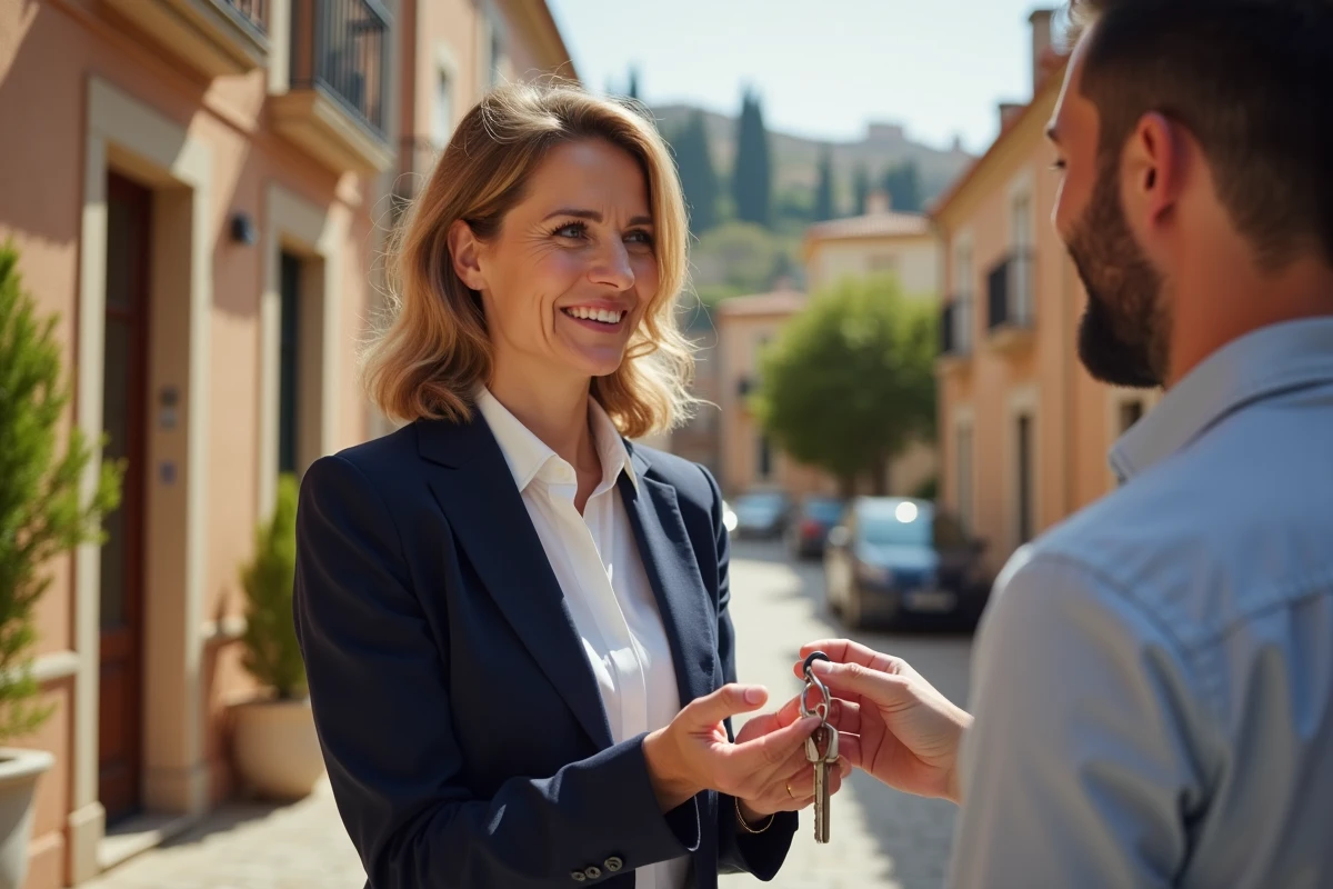 Agent immobilier remettant les clés d'un bien à un couple souriant devant une façade en pierre typique de Perpignan
