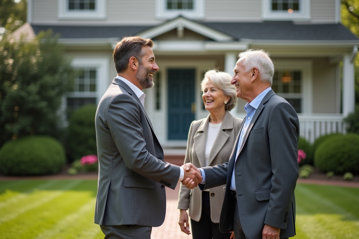 Agent immobilier saluant un couple devant une maison