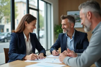 Agent immobilier et vendeur signant un contrat de vente immobilière avec honoraires à la charge du vendeur