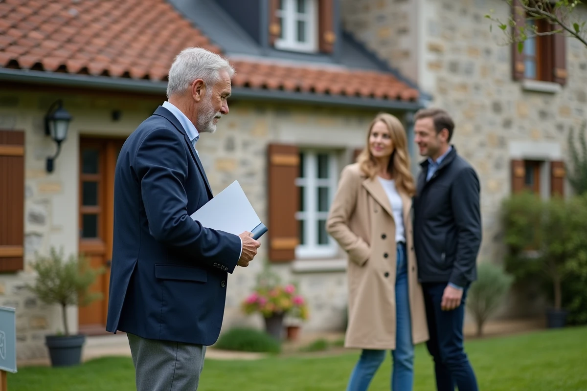 Agent immobilier présentant une maison en pierre lorraine à des acheteurs potentiels en Moselle