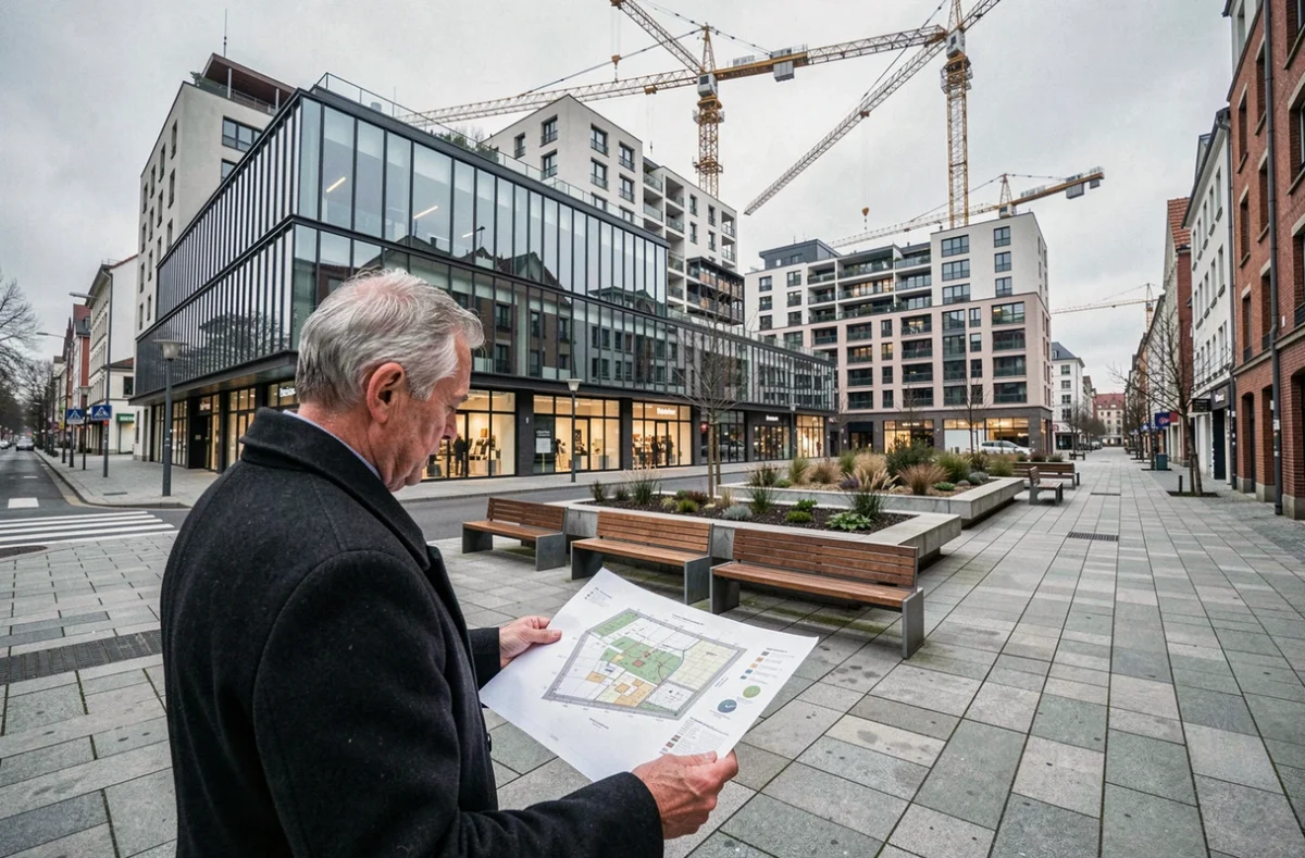 Projet de rénovation urbaine Altarea avec immeuble mixte commerces et logements et place publique en Moselle