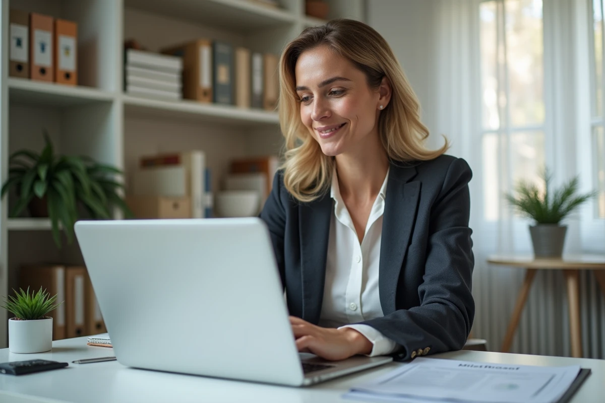 Femme analysant les prix et conditions d'achat d'une parcelle PRL sur ordinateur avec des documents contractuels