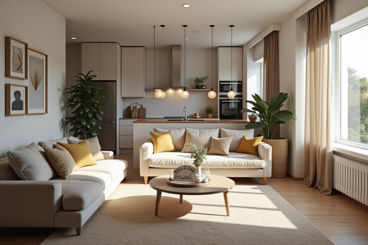 Salon moderne d Airbnb avec grande fenetre et cuisine ouverte
