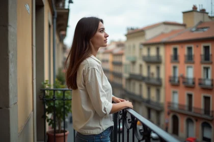 Jeune femme sur le balcon d'un appartement à louer à Barcelone près du centre, vue sur rue animée