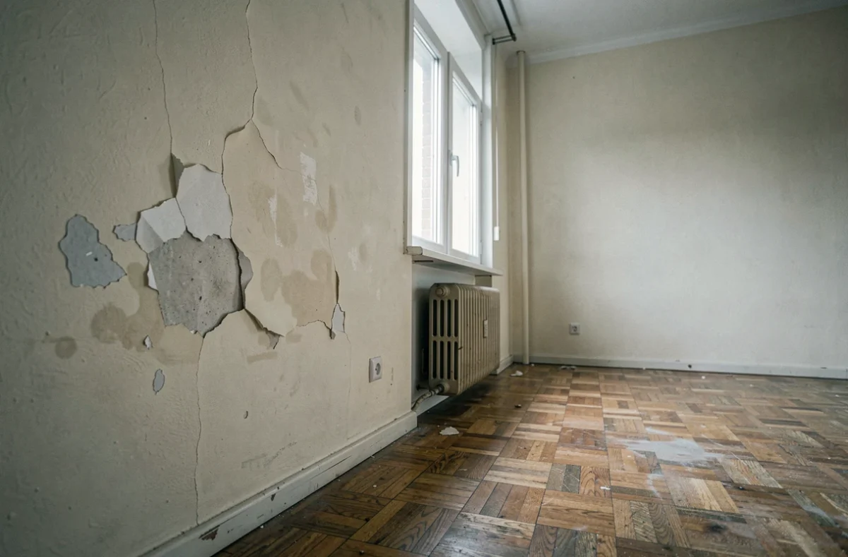 Appartement vacant avec dégâts des eaux sur un mur, illustrant les risques pour un propriétaire non occupant