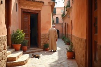 Ruelle étroite de la médina de Marrakech avec entrée d'un appartement traditionnel en riad à vendre