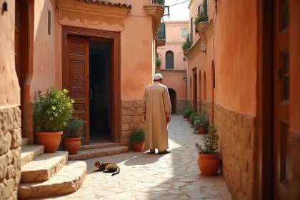 Ruelle étroite de la médina de Marrakech avec entrée d'un appartement traditionnel en riad à vendre