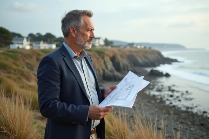 Architecte homme regardant la côte rocheuse avec plans