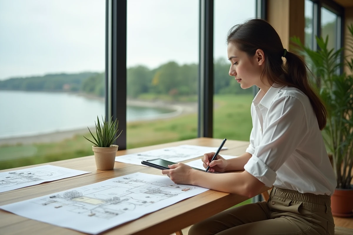 Jeune architecte femme dessinant sur une tablette à l