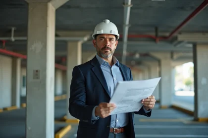 Architecte examine une colonne dans un parking moderne
