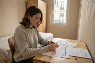 Femme consultant son contrat d'assurance habitation dans une petite chambre de moins de 9m2 d'un appartement T3
