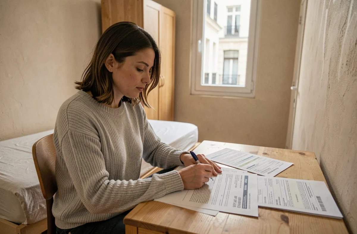 Femme consultant son contrat d'assurance habitation dans une petite chambre de moins de 9m2 d'un appartement T3