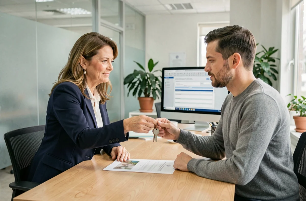 Agent immobilière remettant des clés à un locataire avec une attestation de remise imprimée sur un bureau en bois