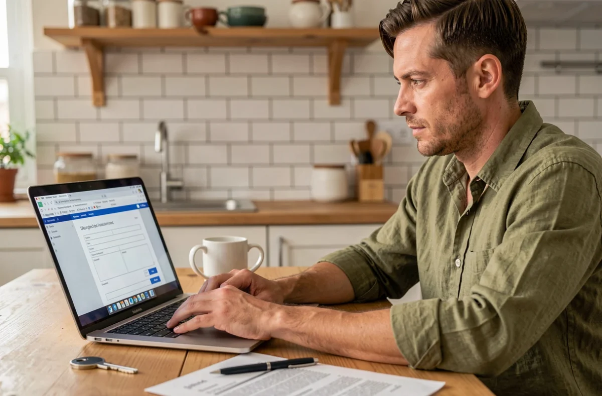 Homme consultant un formulaire PDF d'attestation de remise de clés sur un ordinateur portable dans une cuisine moderne