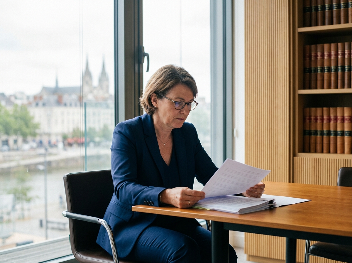 Avocate en costume bleu examine des documents immobiliers à Nantes
