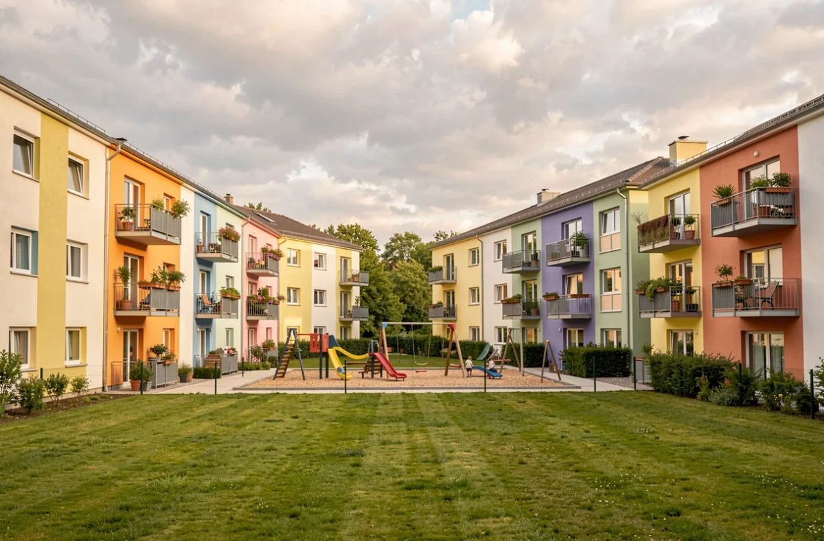 Résidence de logements abordables Batigère Développement avec façades colorées et espace collectif en Moselle