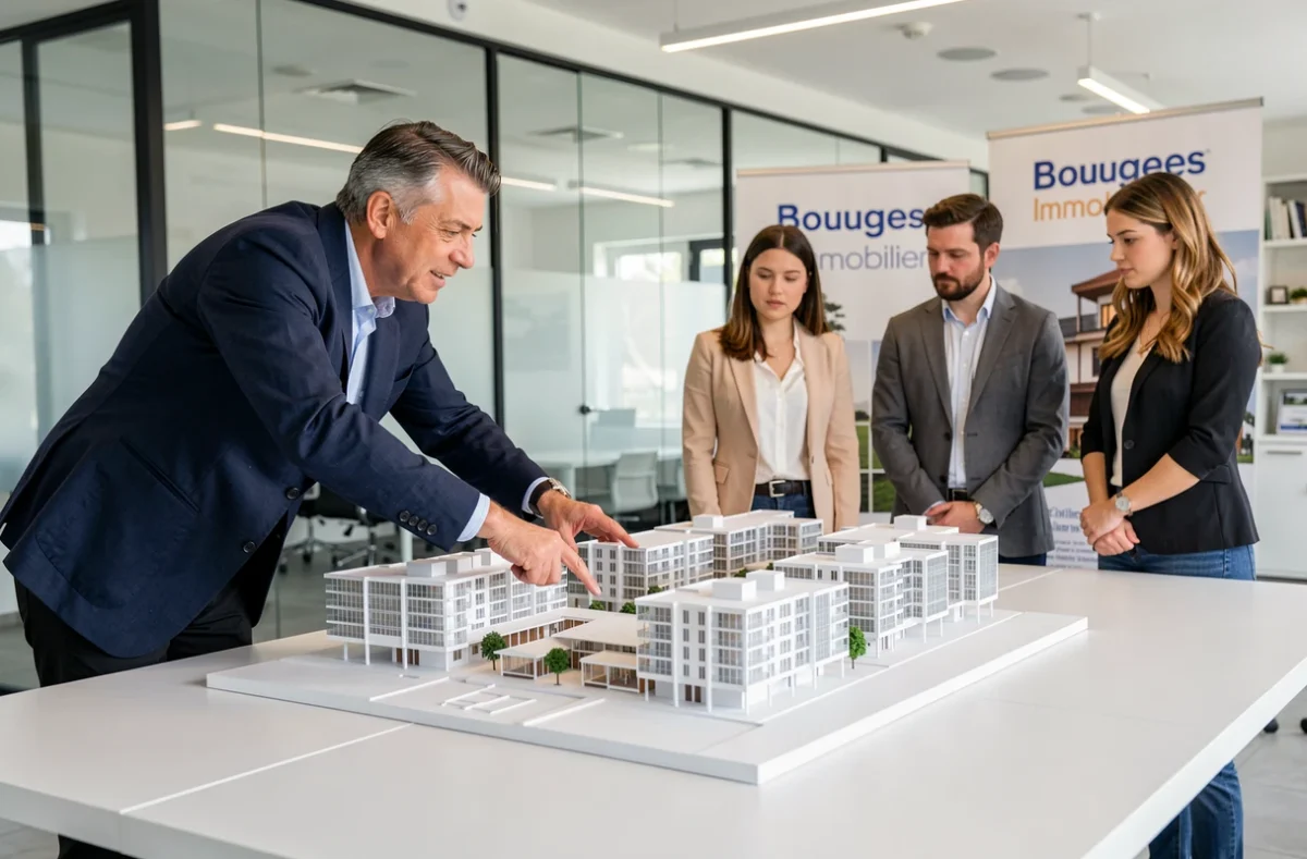 Architecte de Bouygues Immobilier présentant une maquette de résidence contemporaine dans un bureau professionnel