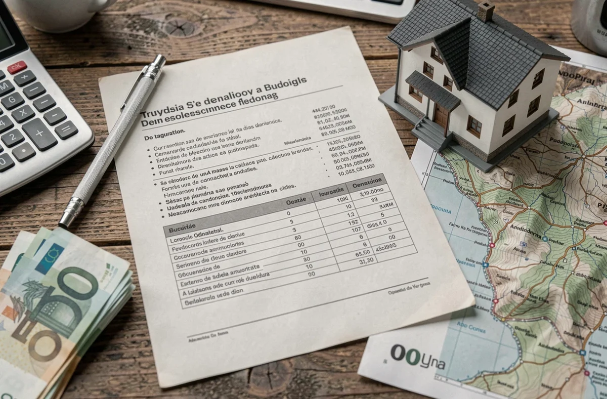 Vue aérienne d'un bureau avec documents de budget immobilier, calculatrice, billets en euros et carte de l'Andorre