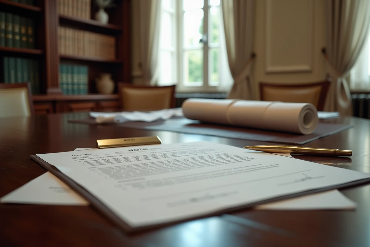 Bureau de notaire avec acte de vente immobilière posé sur la table lors d'une transaction avec honoraires vendeur