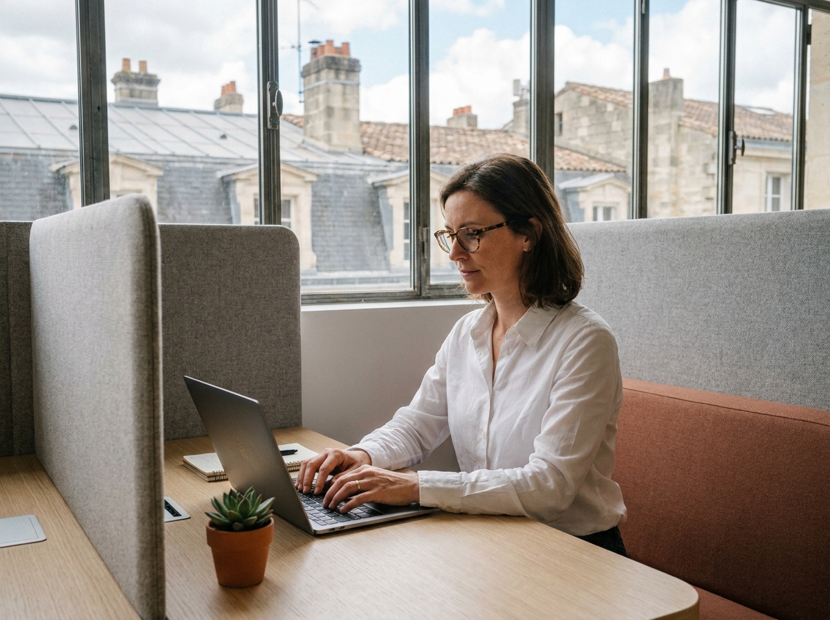 Femme travaillant seule dans un bureau partagé à Bordeaux avec vue sur les toits haussmanniens