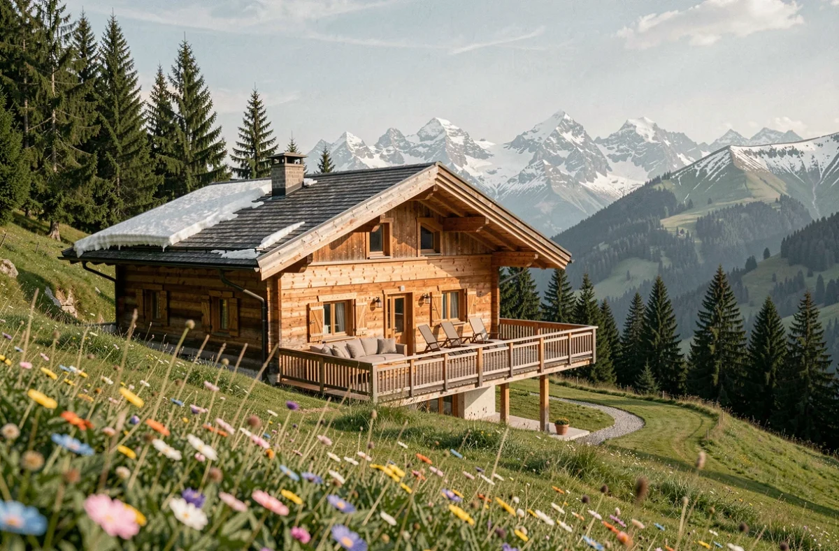 Chalet PRL en bois sur un terrain en pente douce avec vue panoramique sur les sommets enneigés en montagne