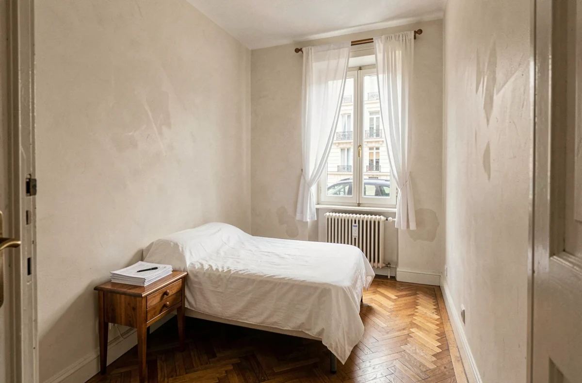 Petite chambre de moins de 9m2 dans un appartement T3, avec documents administratifs d'assurance habitation posés sur la table de chevet