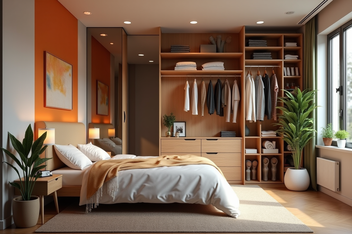 Chambre compacte avec rangement astucieux et mur coloré