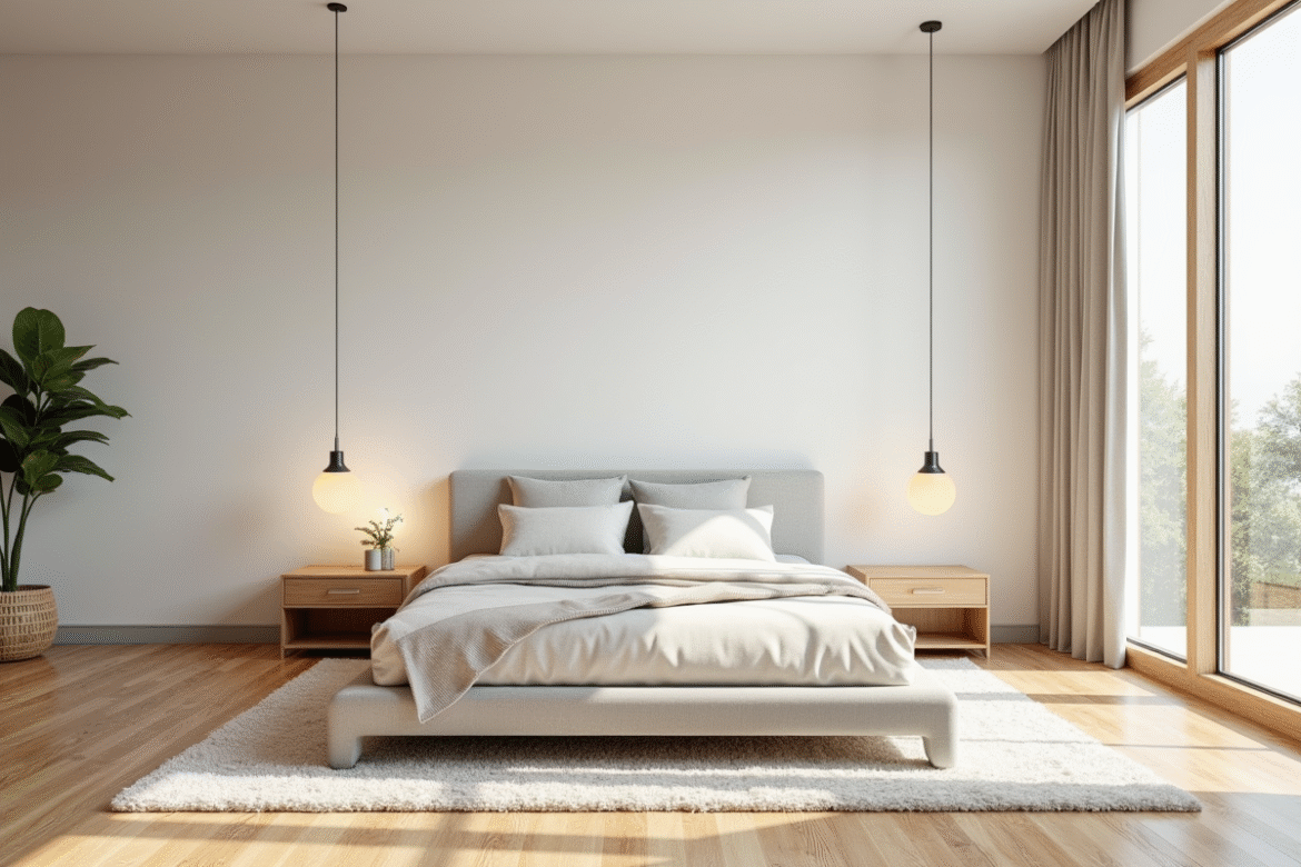 Chambre moderne et lumineuse avec grand lit et décoration scandinave